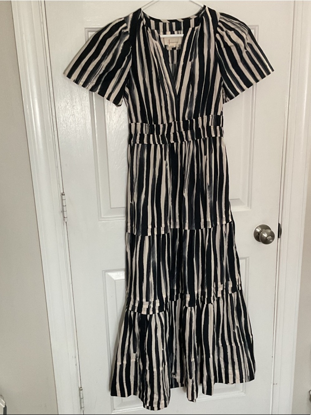 Anthropologie Black and Cream Somerset Striped Tiered Maxi Dress XS
